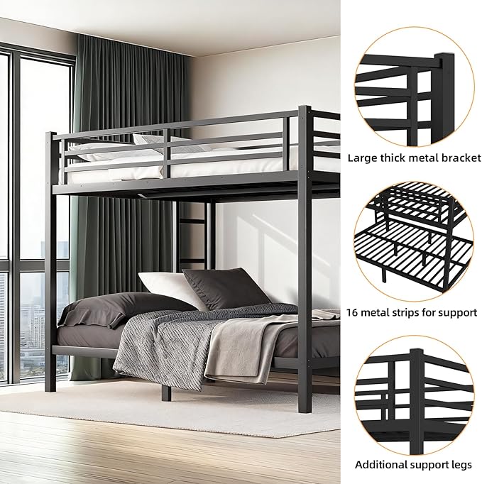 Queen Over Queen Bunk Bed Frame, Heavy Duty Metal Loft Bed - Image 3