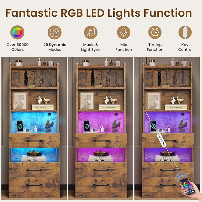 VIAGDO Tall Nightstand with Charging Station and LED Lights, Rustic Brown Night - Image 5