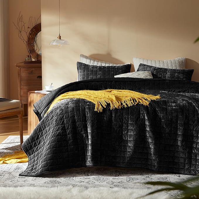 LEAONME Velvet Quilt Oversized California King-120''x120'', Lightweight Black by LEAONME