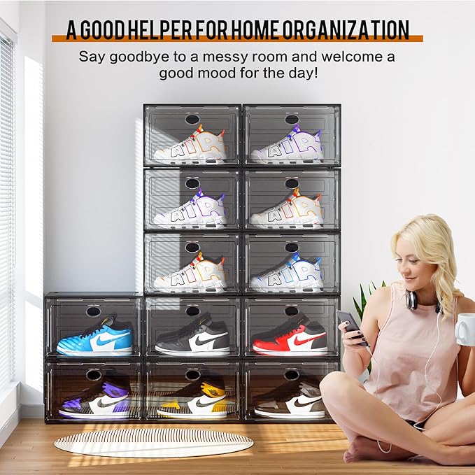 KEFA XL Shoe Storage Box Organizer, 9 Pack Shoe Boxes Clear Plastic Stackable - Image 4