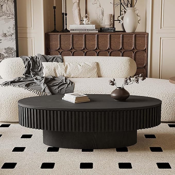 Oval Coffee Table with Storage, Modern Black Coffee Table with Solid Wood - Image 3