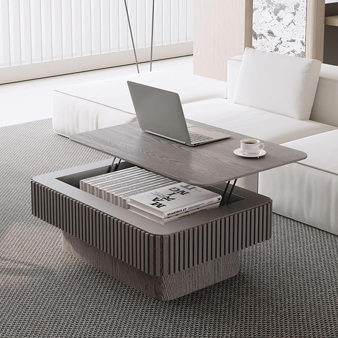 Lift Coffee Table with Storage & Adjustable Height, Rectangle Solid Wood Coffee by FGXJY