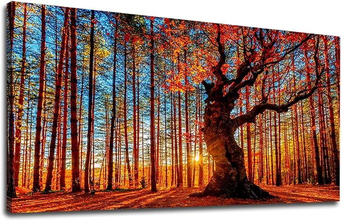 Large Forest Wall Art Forest Sunset Canvas Pictures Red Leaf Trees Landscape by yearainn