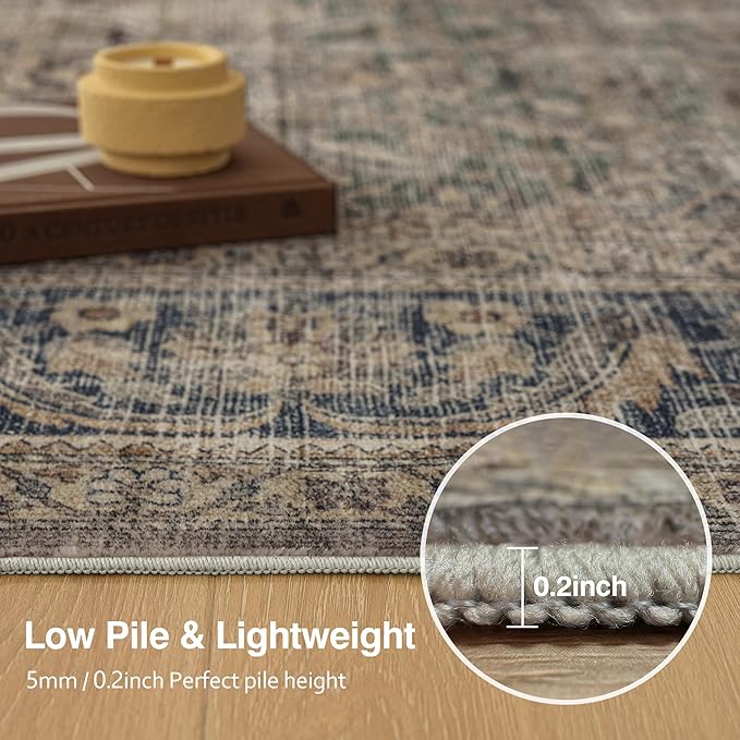 FMFUNCTEX 4x6 Washable Area Rug Neutral Vintage Brown Distressed Non Slip Low - Image 4