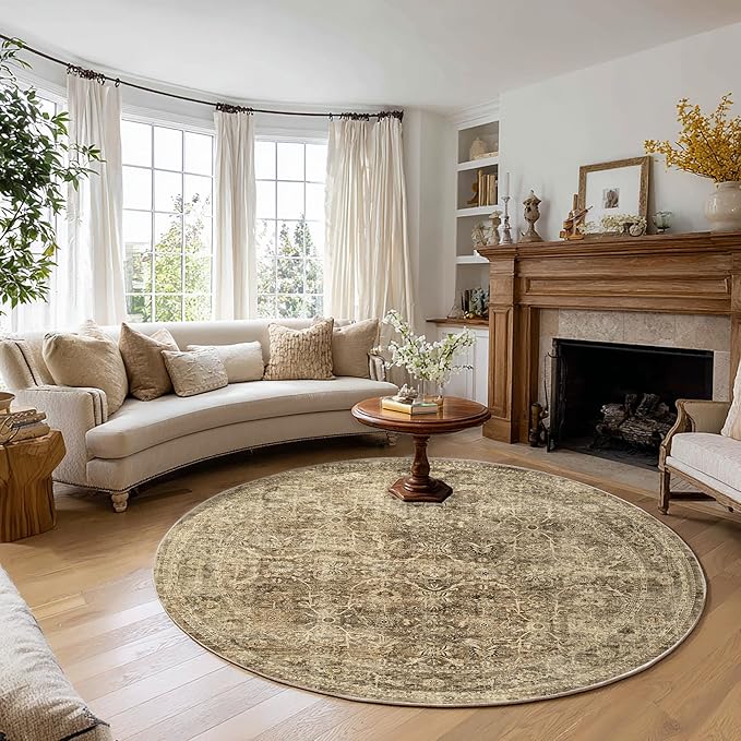 FMFUNCTEX 8ft Round Washable Area Rug Brown Vintage Neutral Distressed Large by Fmfunctex