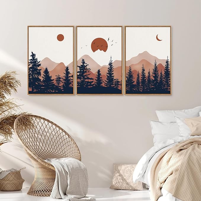 YeeHomedec Large Boho Mountain Framed Canvas Wall Art, Mid Century Modern Wall - Image 4