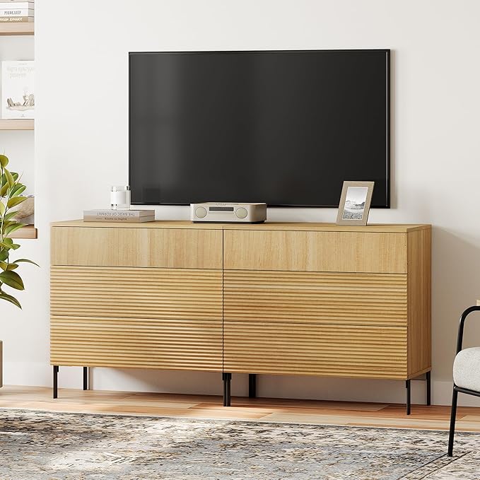 WAMPAT 63" W Fluted Dresser for Bedroom, 2 in 1 Modern 6 Drawer Dresser TV Stand - Image 9