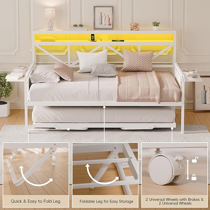 Daybed with Trundle, Heavy Duty Metal Twin Bed Frame with LED Lights & 2-Tier - Image 6