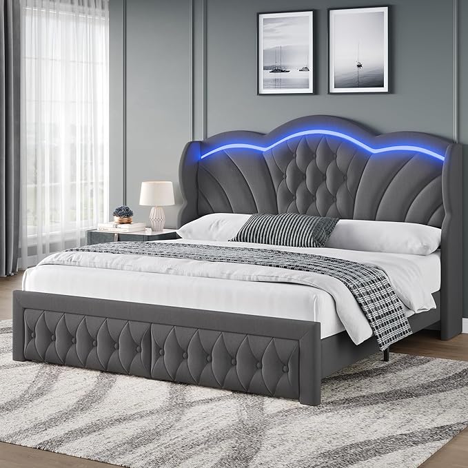 Keyluv Full Bed Frame with LED Lights and 2 Storage Drawers, Velvet Upholstered by KeyluvHome