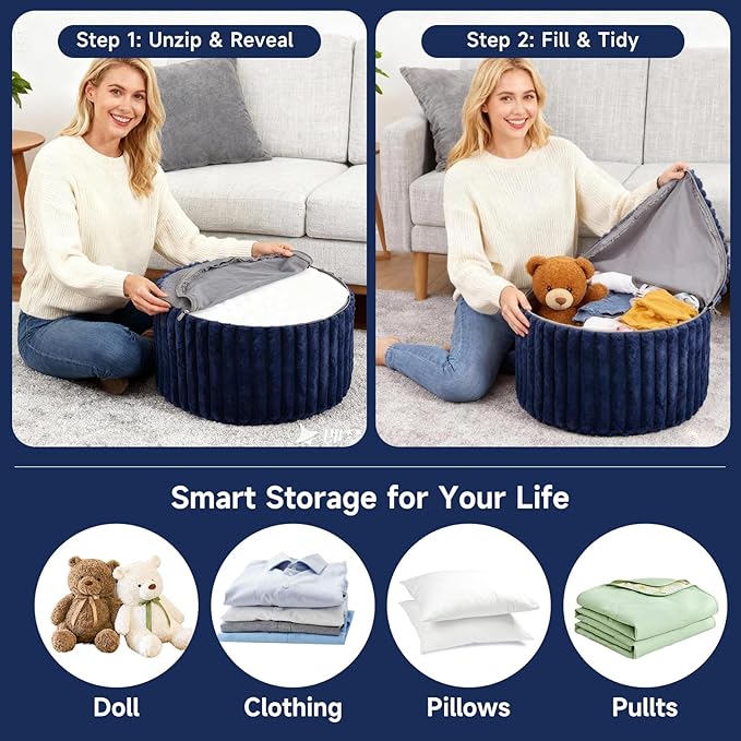 Tiita Round Stuffed Pouf Ottoman, Stripe Faux Fur Poufs - Image 8