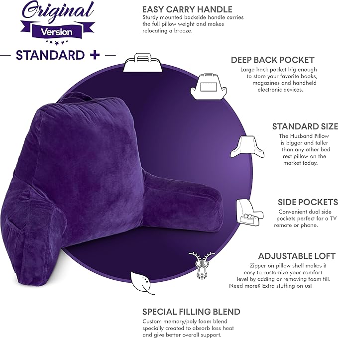 Husband Pillow Purple, Original Reading Pillow in Bed Rest Chair, Shredded - Image 5