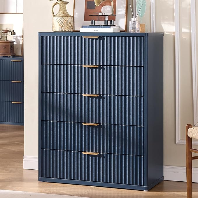 LEYAOYAO Fluted 5 Drawers Dresser Set of 2, Curved Profile Dresser TV Stand - Image 3