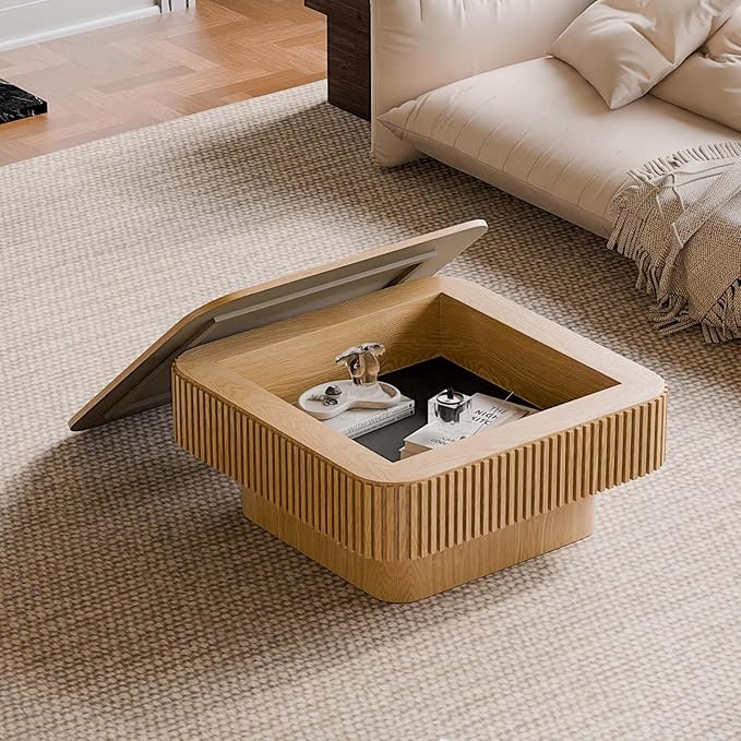 Square Small Coffee Table with Storage, Modern Wooden Coffee Table with Solid - Image 2