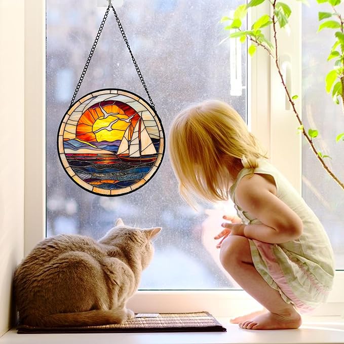 DASTOLL Stained Glass Window Hanging, Sun Ocean Sailboat Seagull Abstract - Image 2