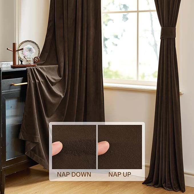 StangH 90 inch Length Brown Curtains Light Blocking Velvet Window Drapes - Image 4