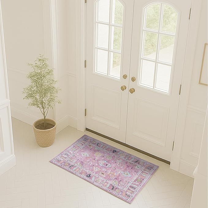 Fame Rugs Pink Modern Oushak Rug 2x3, Vintage Doormat Turkish Colorful Oriental by FameRugs