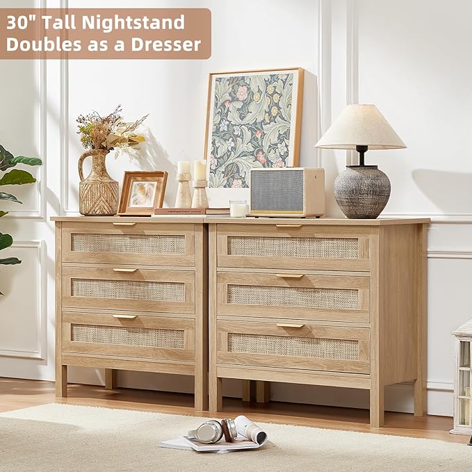 LEYAOYAO 31.5" Wide Rattan Nightstand, Large Boho 3 Drawer Night Stand - Image 6