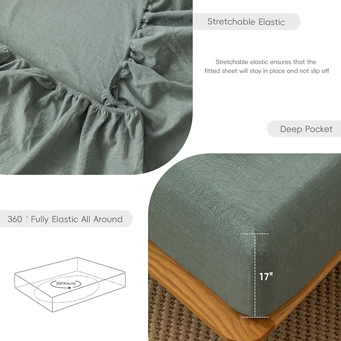 MooMee Fitted Bottom Sheet Only 100% Washed Cotton Linen Like Textured - Image 6