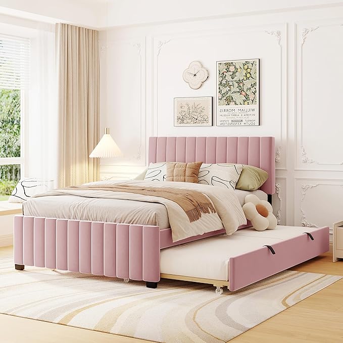 Full Bed Frame with Trundle Bed, Velvet Upholstered Platform Bed Frame by Bellemave