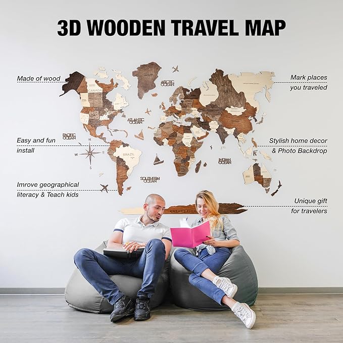 Handmade 3D Wood World Map Wall Art Large Wall Decor Track Your World Travels - Image 6