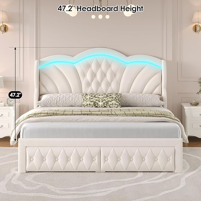 Keyluv King Bed Frame with LED Lights and 2 Storage Drawers, Velvet Upholstered - Image 5