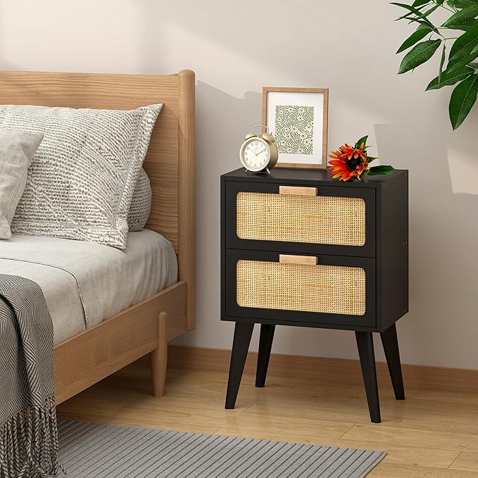YAUKOMEL Rattan Nightstand Set of 2, Mid Century Modern Bedside Table - Image 6