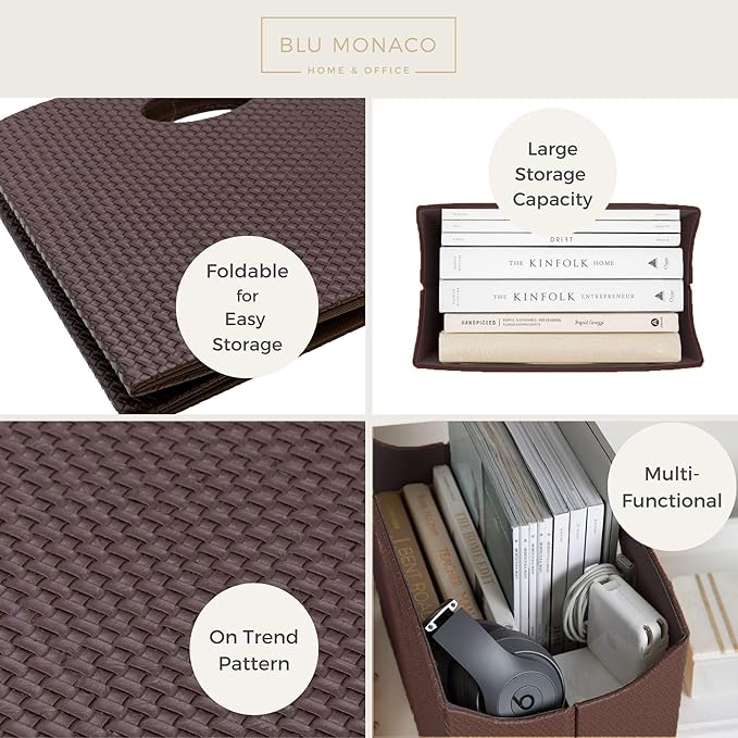 BLU MONACO | Brown Woven Leather Magazine Holder | Storage Basket - Image 4