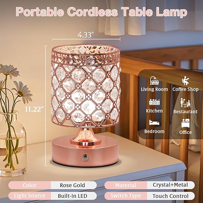 TOBUSA Crystal Cordless Table Lamp Rechargeable, Portable 6000mAh Battery - Image 2
