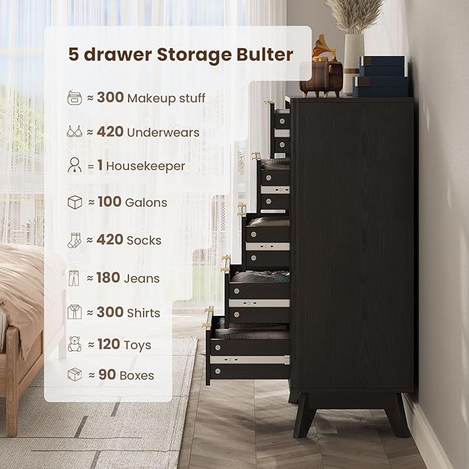 43'' Hight 5 Drawers Dresser for Bedroom, Modern Fluted Vertical Chest - Image 5