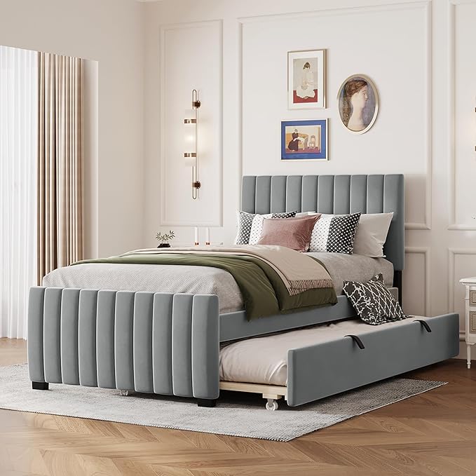 Twin Bed Frame with Trundle Bed, Velvet Upholstered Bed Frame, Twin Size by Bellemave