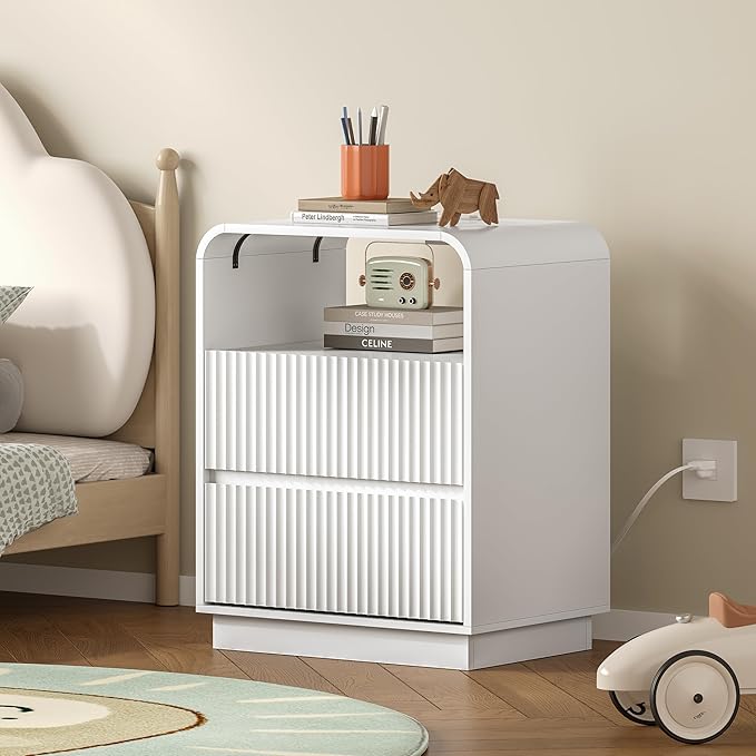 Dresser with 2 Drawers and Charging Station, Fluted Bedside Table with Round by BORNOON