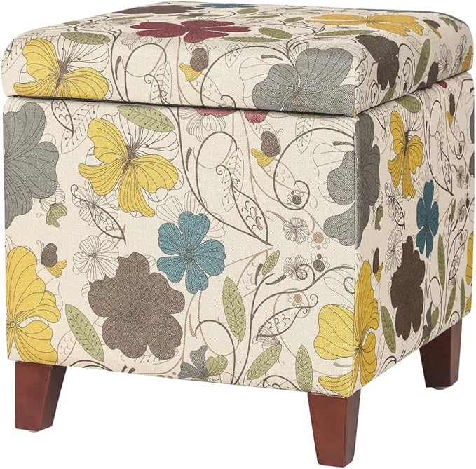 Adeco 18 Inch High Cube Ottoman Storage, Floral Printed Linen Chair Foot Stools by Adeco