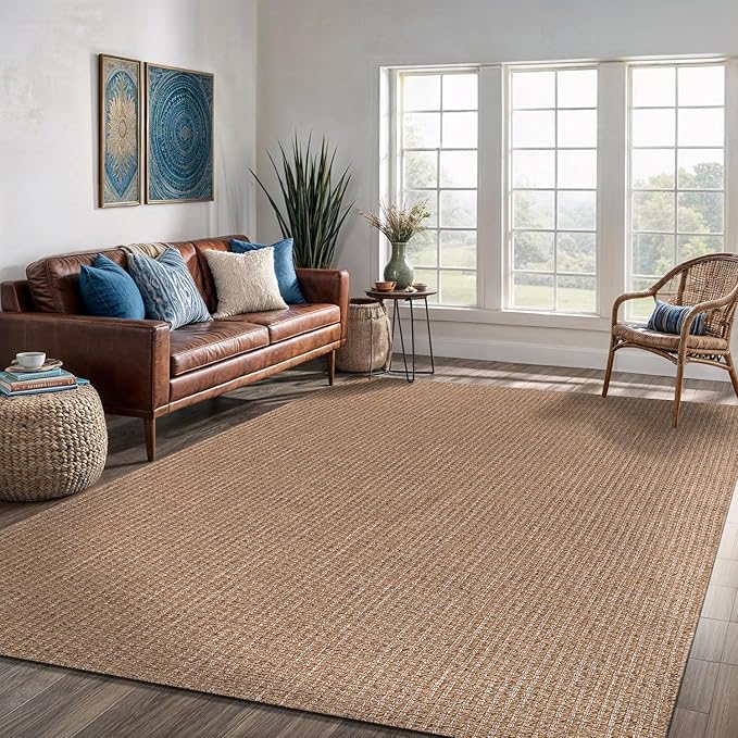 Easy Jute Rug 8x10 Indoor Outdoor Natural Rugs Solid Fiber Rug Woven Area Rug by LenaRug