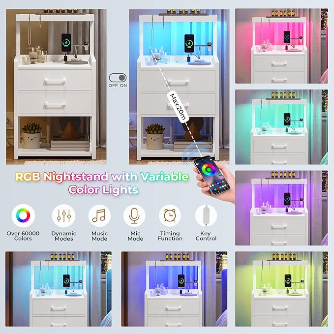 VIAGDO Nightstand with Charging Station and LED Lights, Modern End Side Tables - Image 4
