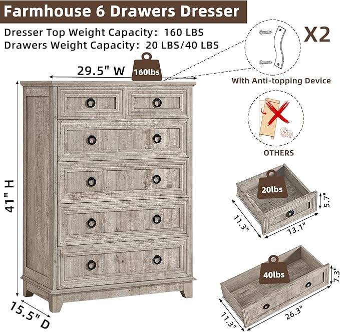 Farmhouse 6 Drawer Dresser for Bedroom Set of 2, Rustic Wood Dresser - Image 2
