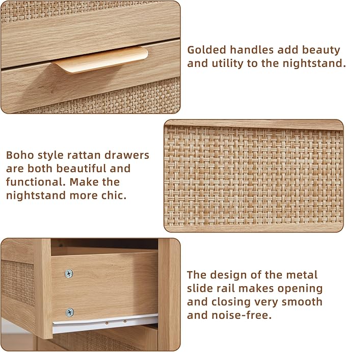 LEYAOYAO 31.5" Wide Rattan Night Stands Set 2, Oversized Large Boho Nightstand - Image 4