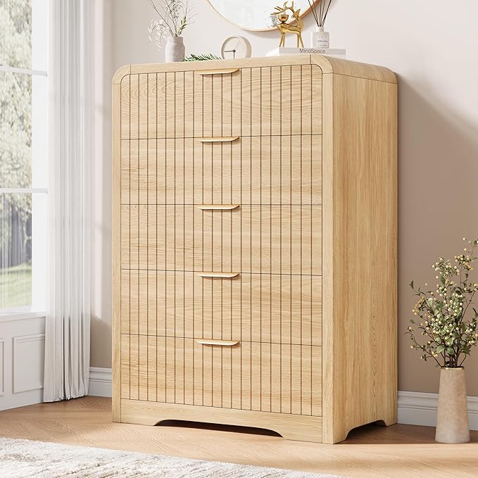 Fluted 5 Drawer Dresser, Wood Mid Century Vertical Dresser Natural Texture by JOCOEVOL