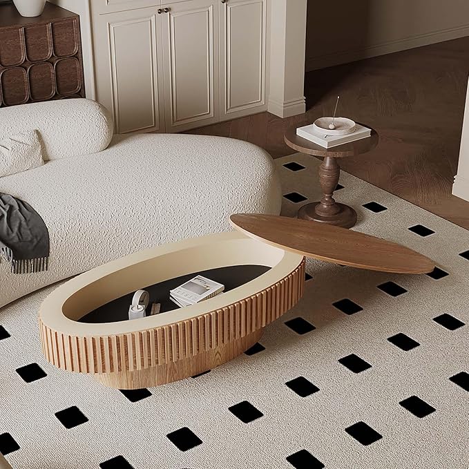Oval Coffee Table with Storage, Modern Wooden Coffee Table with Solid Wood - Image 3