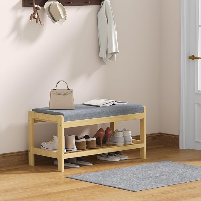 Shoe Bench Entryway, Solid Wood 2-Tier Shoe Rack Bench - Image 10