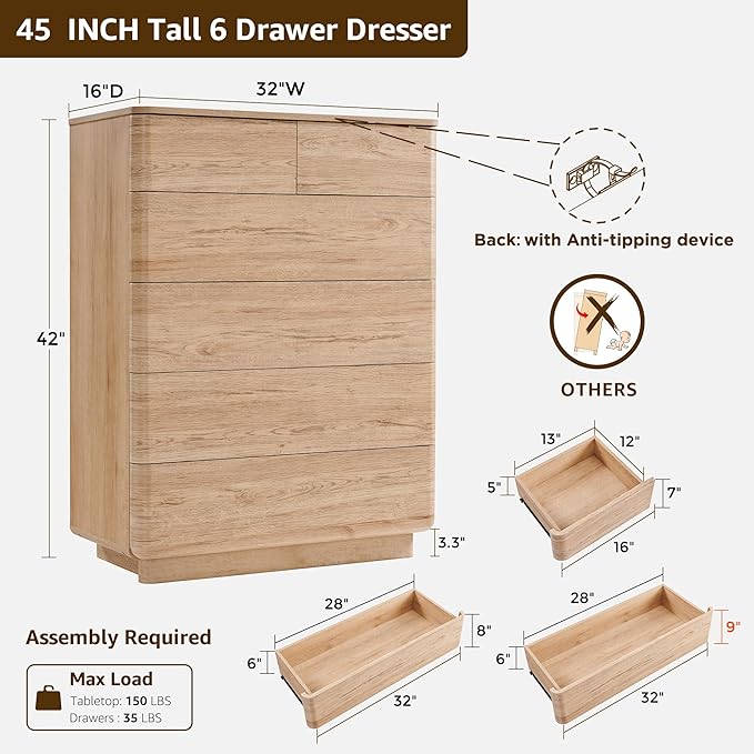 ACCOHOHO 6 Drawer Dresser for Bedroom, 42 Inch Tall Modern Chest of Drawers - Image 2