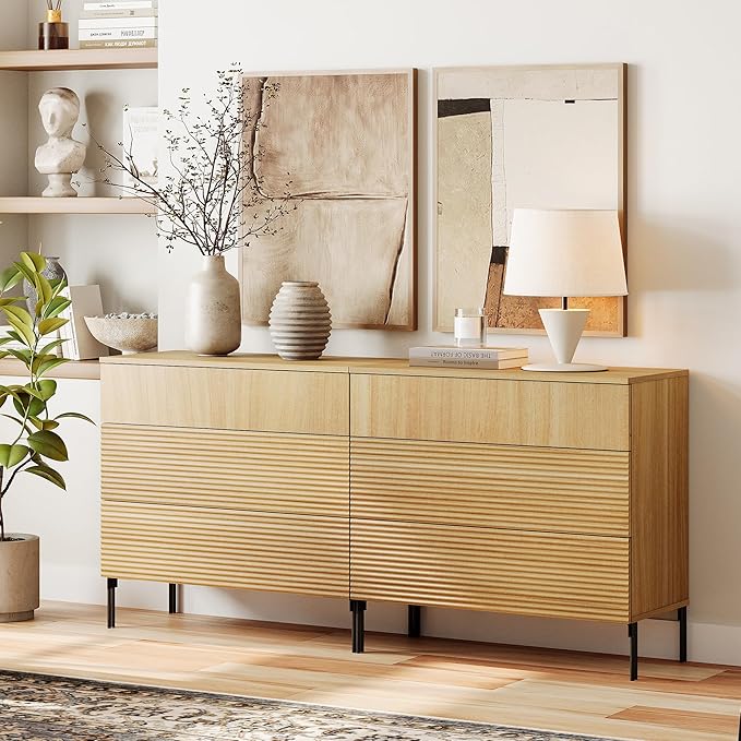 WAMPAT 63" W Fluted Dresser for Bedroom, 2 in 1 Modern 6 Drawer Dresser TV Stand - Image 4