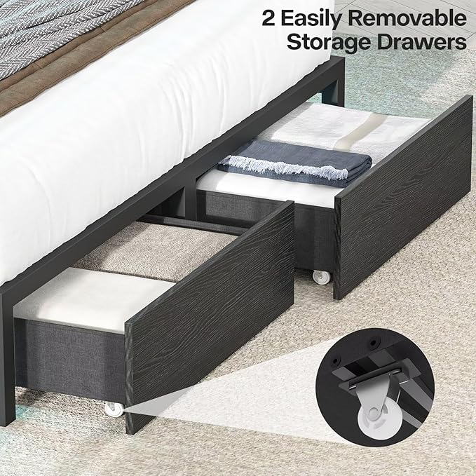 Full Size Bed Frame with Bookcase Headboard and Storage Drawers, 51.2" Metal - Image 7