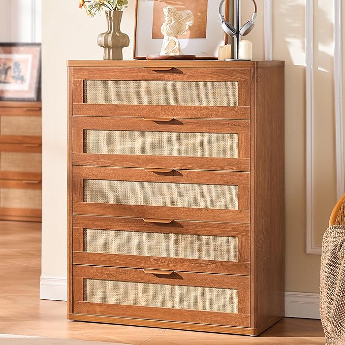 LEYAOYAO Dresser for Bedroom, Modern 5 Drawers Boho Rattan Dressers - Image 2
