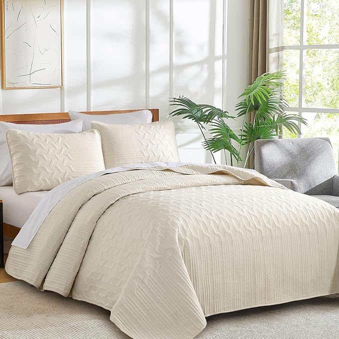 Yiran Beige Quilt Set Queen Size Lightweight Bedspread Ultrasonic Wave Pattern - Image 3