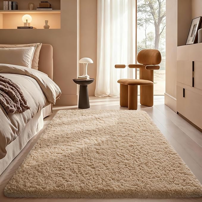 Ophanie Beige Rugs for Bedroom Living Room, Fluffy Fuzzy Furry Carpet, Plush by Ophanie