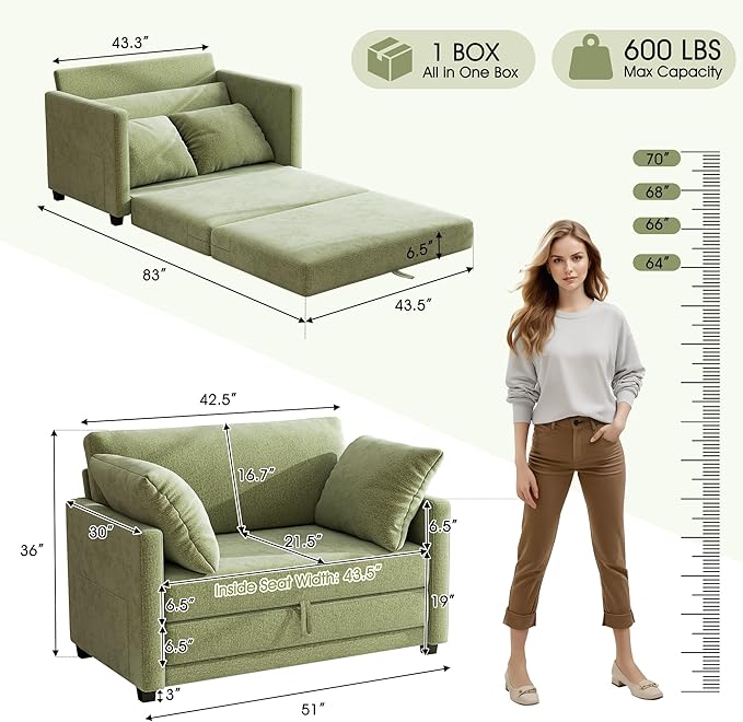 51" Loveseat Sleeper Sofa Bed, Chenille Convertible Floor Sofa Bed - Image 4