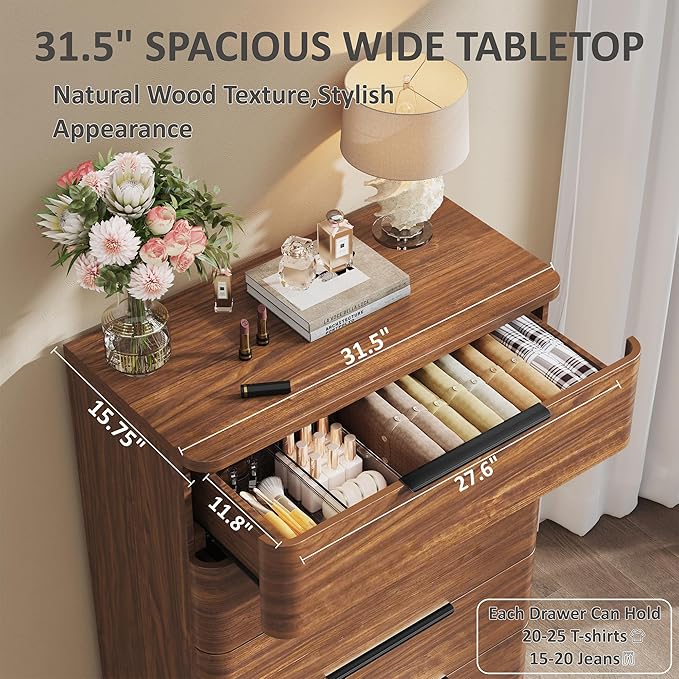 5 Drawer Dresser for Bedroom, Curved Profile Design, Wooden Closet - Image 4