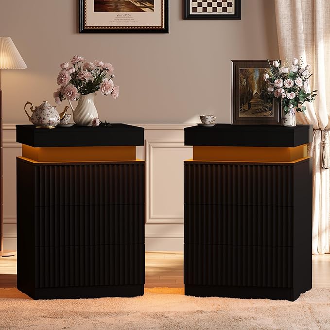 Nightstand Set of 2 for Bedroom, LED Nightstand by BOXACTION
