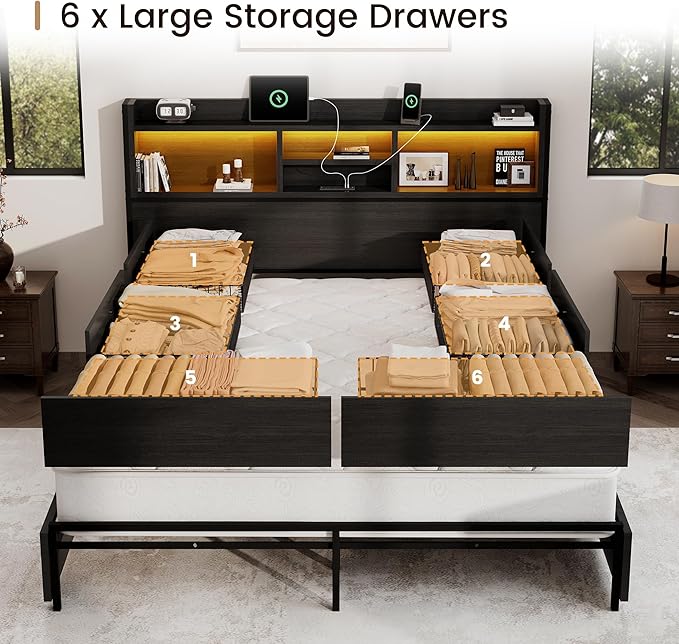 Queen Storage Bed Frame with 6 Drawers, USB Charging Station, No Noise - Image 3