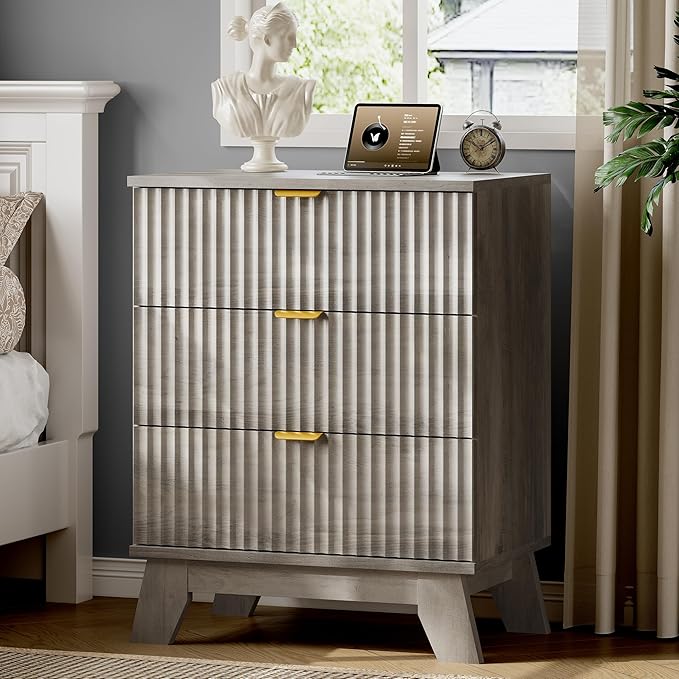 Fluted Nightstand with Charging Station, Modern Wood Side Table Night Stand by Xixini
